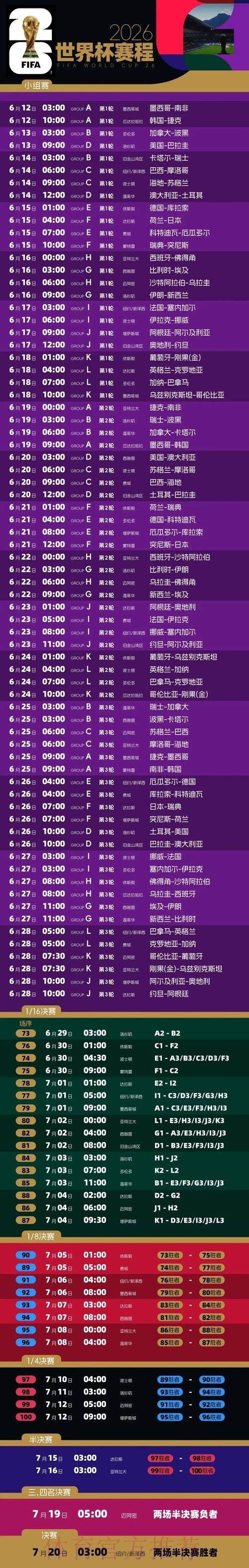 2026世界杯比赛时间官方发布比赛时间表免费观看